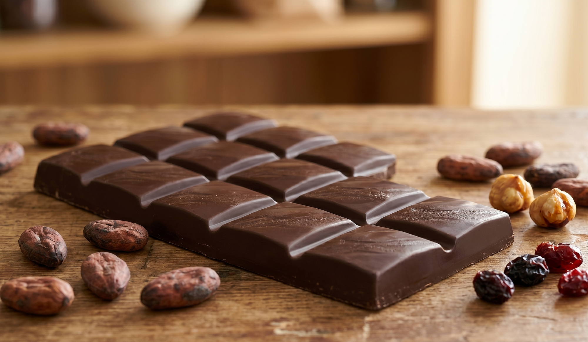 Gourmet-Dunkelschokoladenriegel, in Quadrate geteilt, auf einem rustikalen Holztisch. Umgeben von verstreuten rohen Kakaobohnen, ganzen Haselnüssen und getrockneten Cranberries. Der Hintergrund zeigt eine sanft verschwommene Küchen- oder Vorratsregalszene.