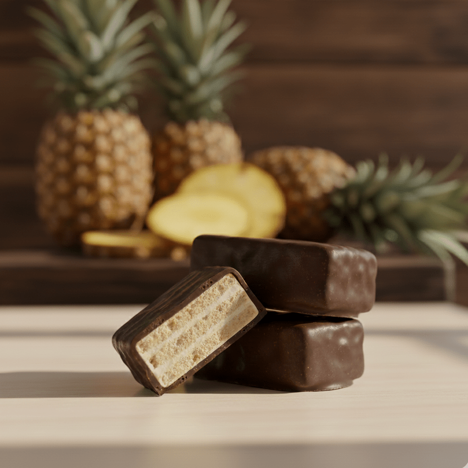 Schoko-Ananas-Süßigkeiten mit Ananasstücken – Detailansicht auf Holzoberfläche