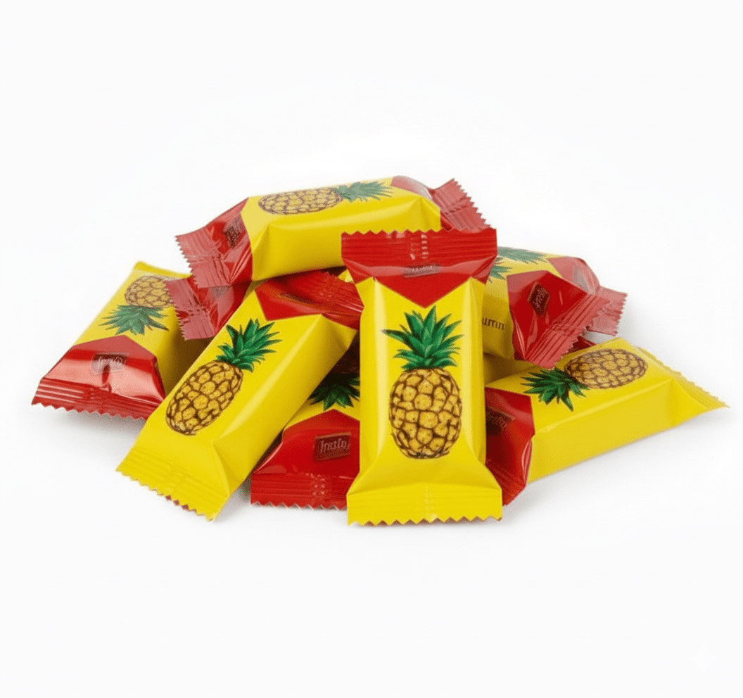 Schoko-Ananas-Süßigkeiten in gelb-roter Einzelverpackung – litauische Süßware