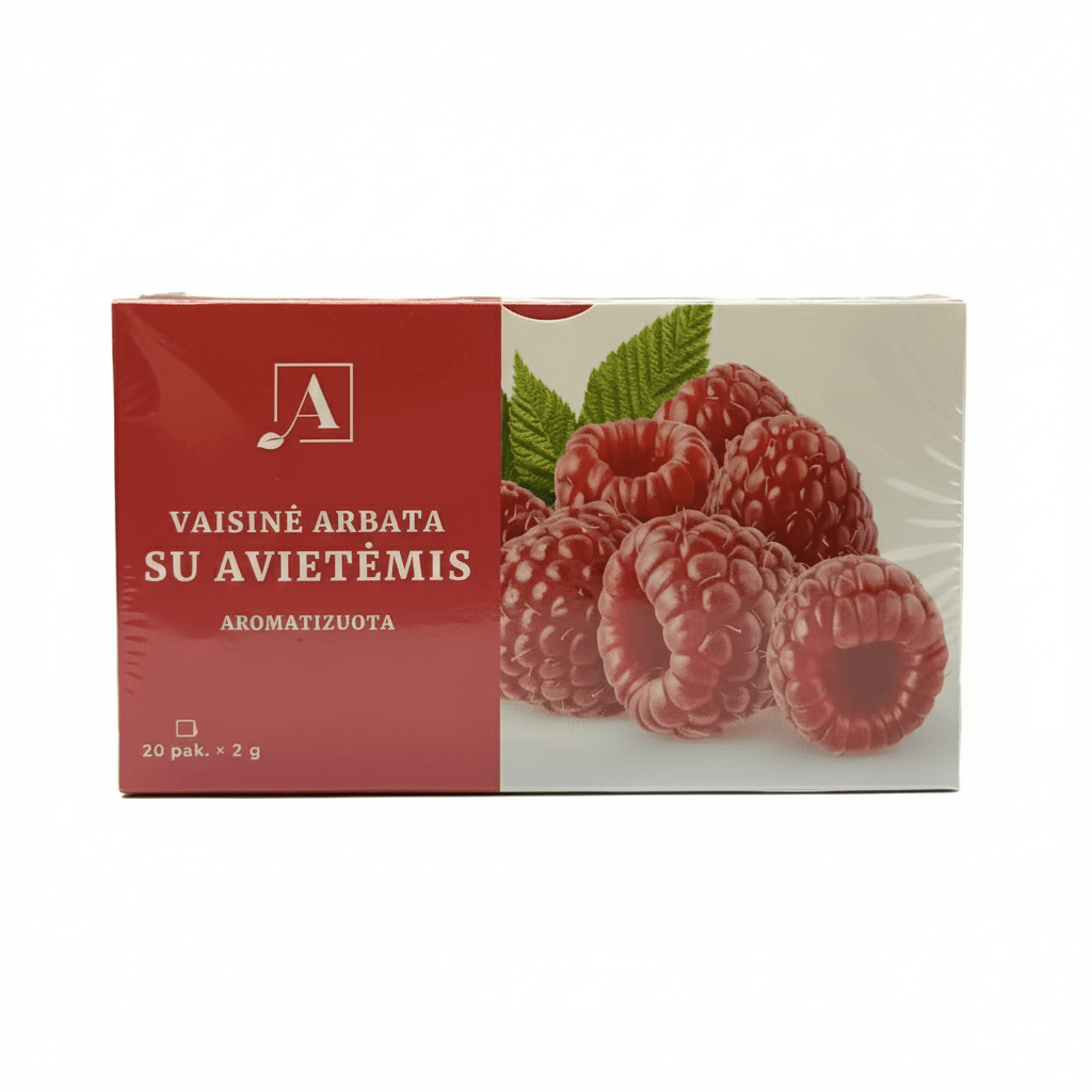 Himbeertee in roter Verpackung mit Himbeermotiv – Kräutertee aus Litauen