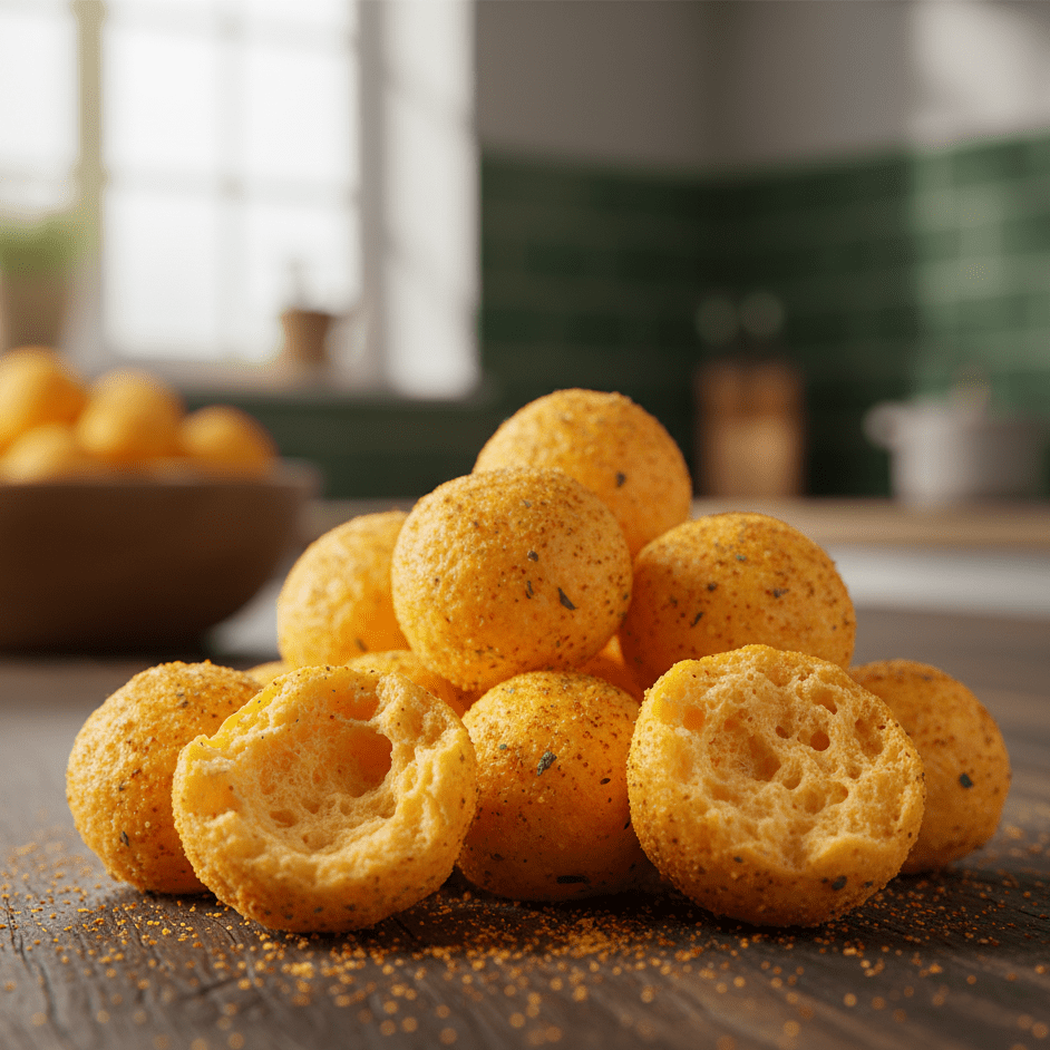 Nacho Cheese Linsenbällchen von OHO! Žalgiris, Nahaufnahme auf einem Tisch