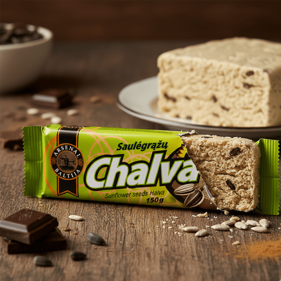 Sesam-Chalva aus Litauen in Scheiben – typische Halva-Textur als Detailansicht