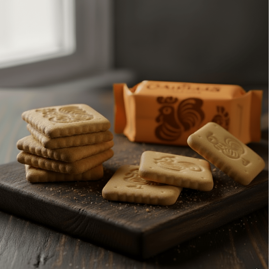 Ein Stapel quadratischer Gaidelis Kekse mit Hahn-Prägung auf einem dunklen Holzbrett neben der geöffneten Packung.