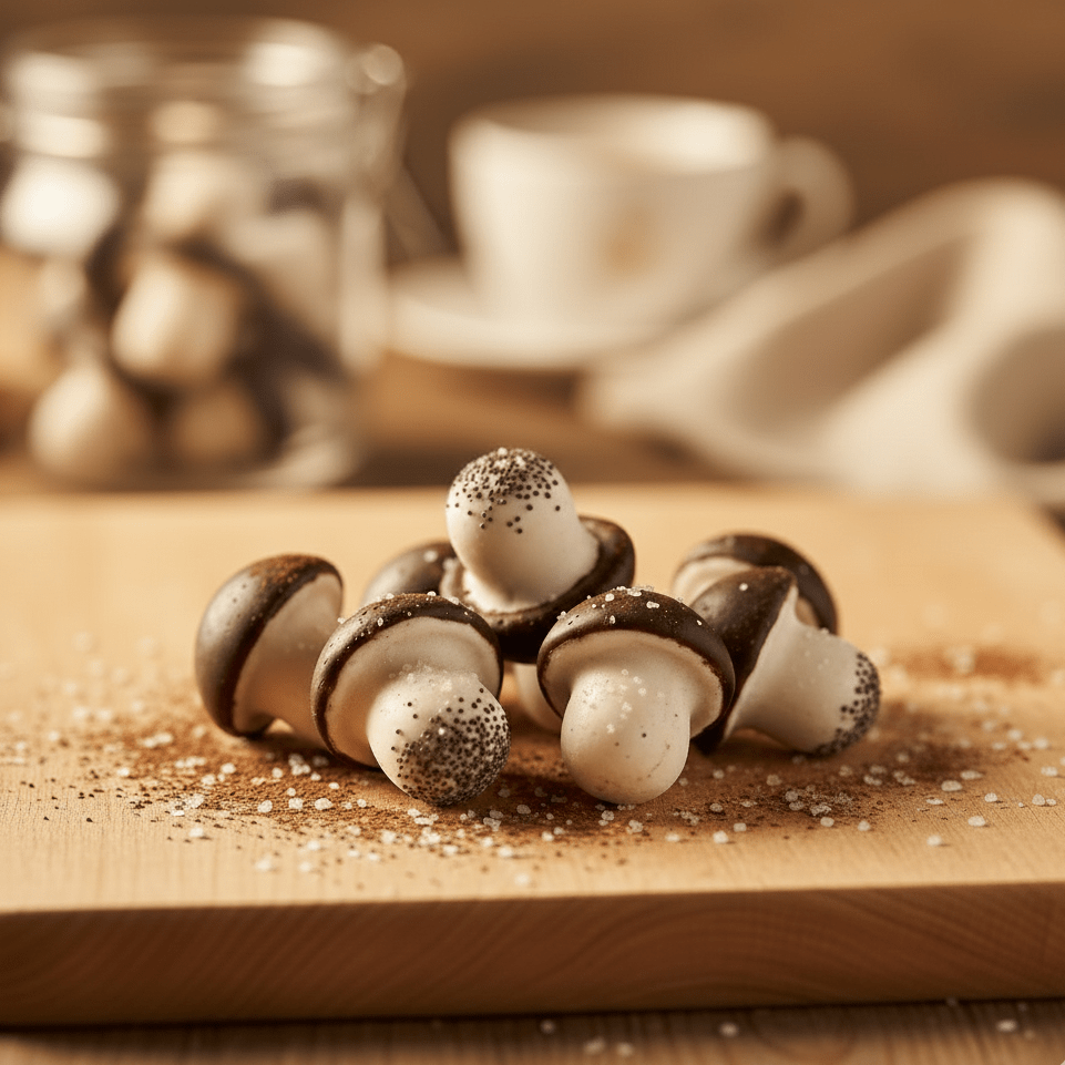 Schoko-Pilze aus Litauen auf Holzbrett – Pralinen mit heller und dunkler Schokolade