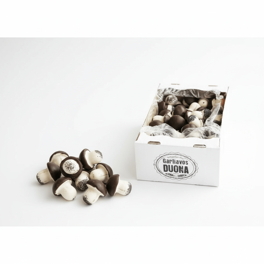 Litauische Schoko-Pilze in Beutelverpackung mit einzelnen Keksen  – traditionelle Süßigkeit aus Litauen