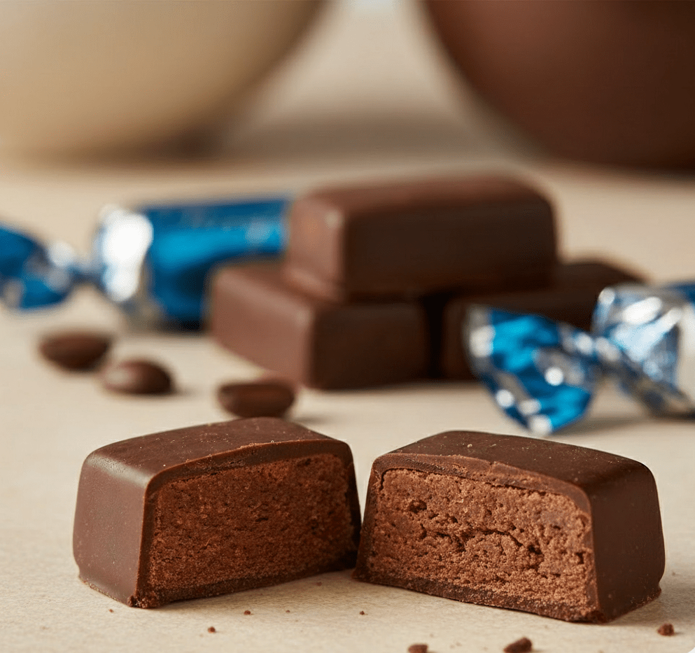 Schokoladenpralinen aufgeschnitten – gefüllte Pralinen als Detailansicht
