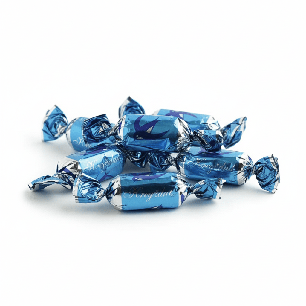 Einzeln verpackte Schokoladenpralinen in blauer Folie – Produktübersicht