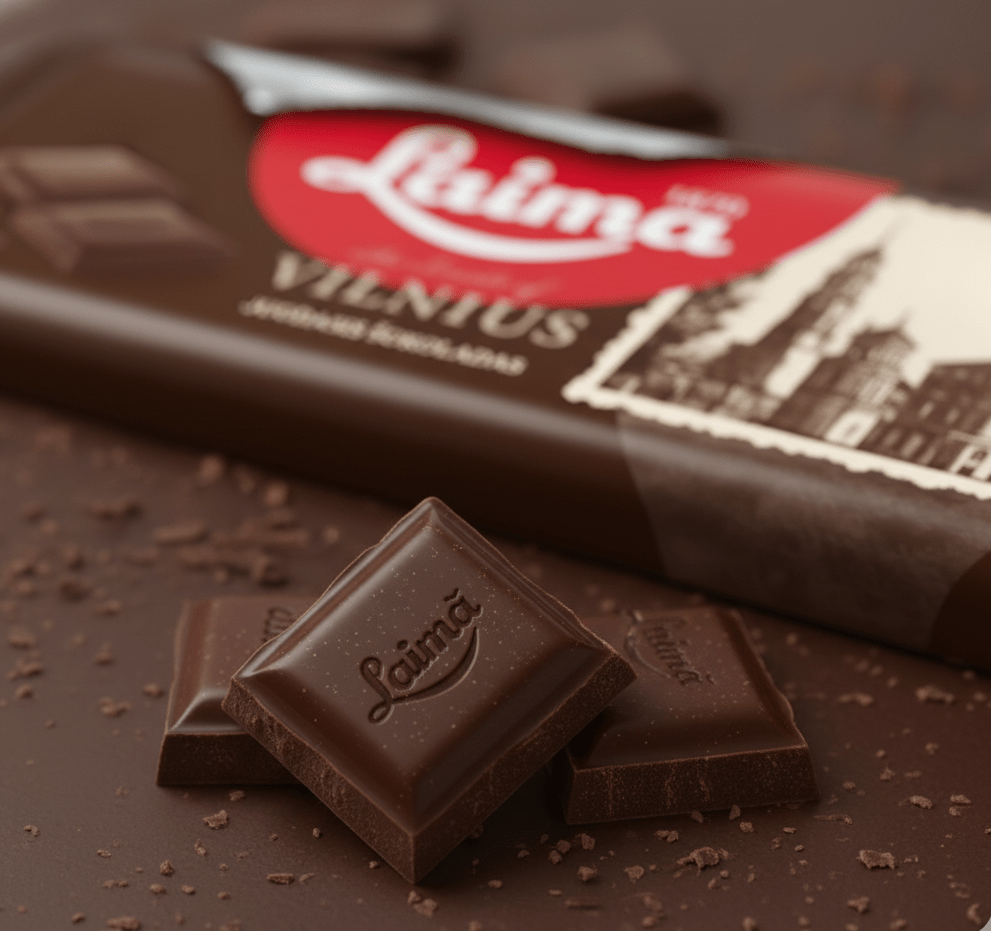 Dunkle Schokolade von Laima – Schokoladenstücke der Sorte Vilnius aus Litauen