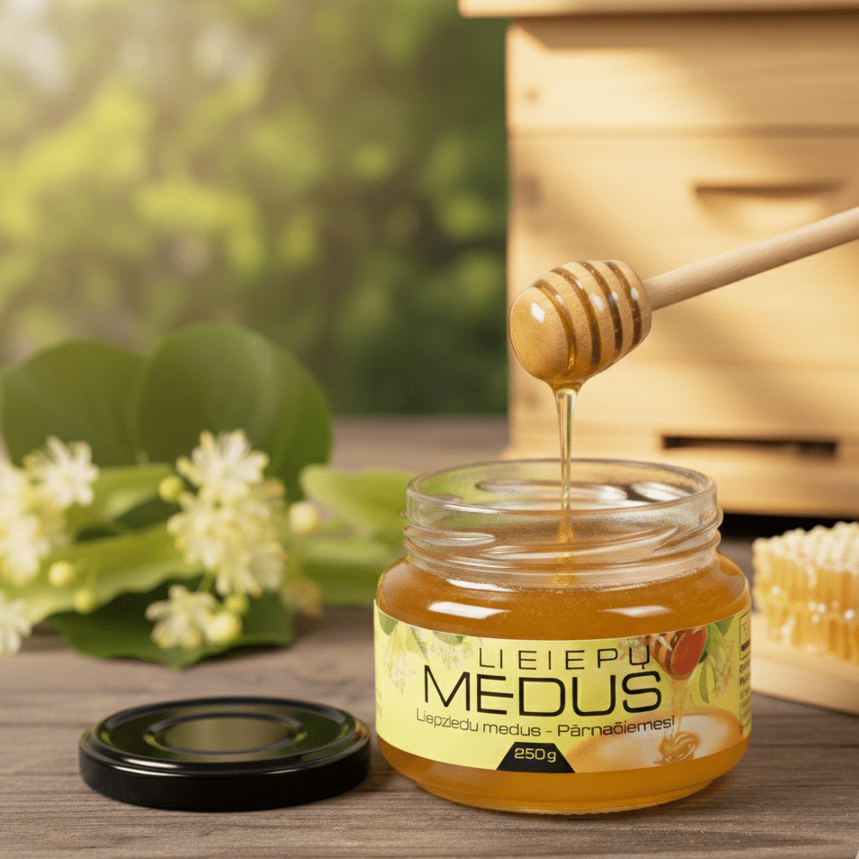 Ein geöffnetes Glas Honig mit einem hölzernen Honiglöffel vor einem Bienenstock in einer sonnigen Gartenumgebung.