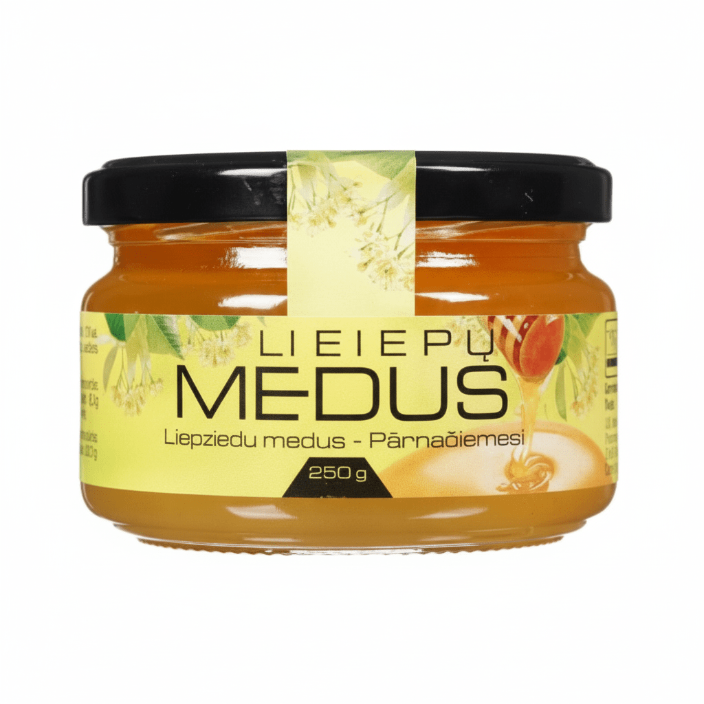 Ein Glas litauischer Lindenhonig (Liepų Medus) mit gelbem Etikett und schwarzem Deckel vor weißem Hintergrund.