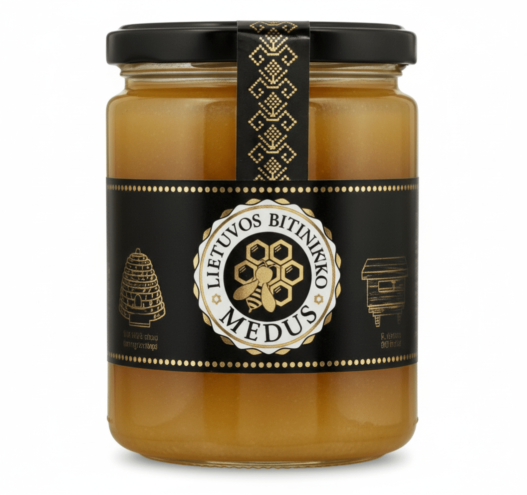 Ein Glas litauischer Honig (Lietuvos Bitininkų Medus) mit einem edlen schwarz-goldenen Etikett vor einem neutralen weißen Hintergrund.