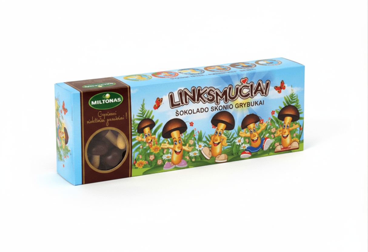 Linksmiučiai Schoko-Pilze in Originalverpackung – traditionelles Gebäck aus Litauen