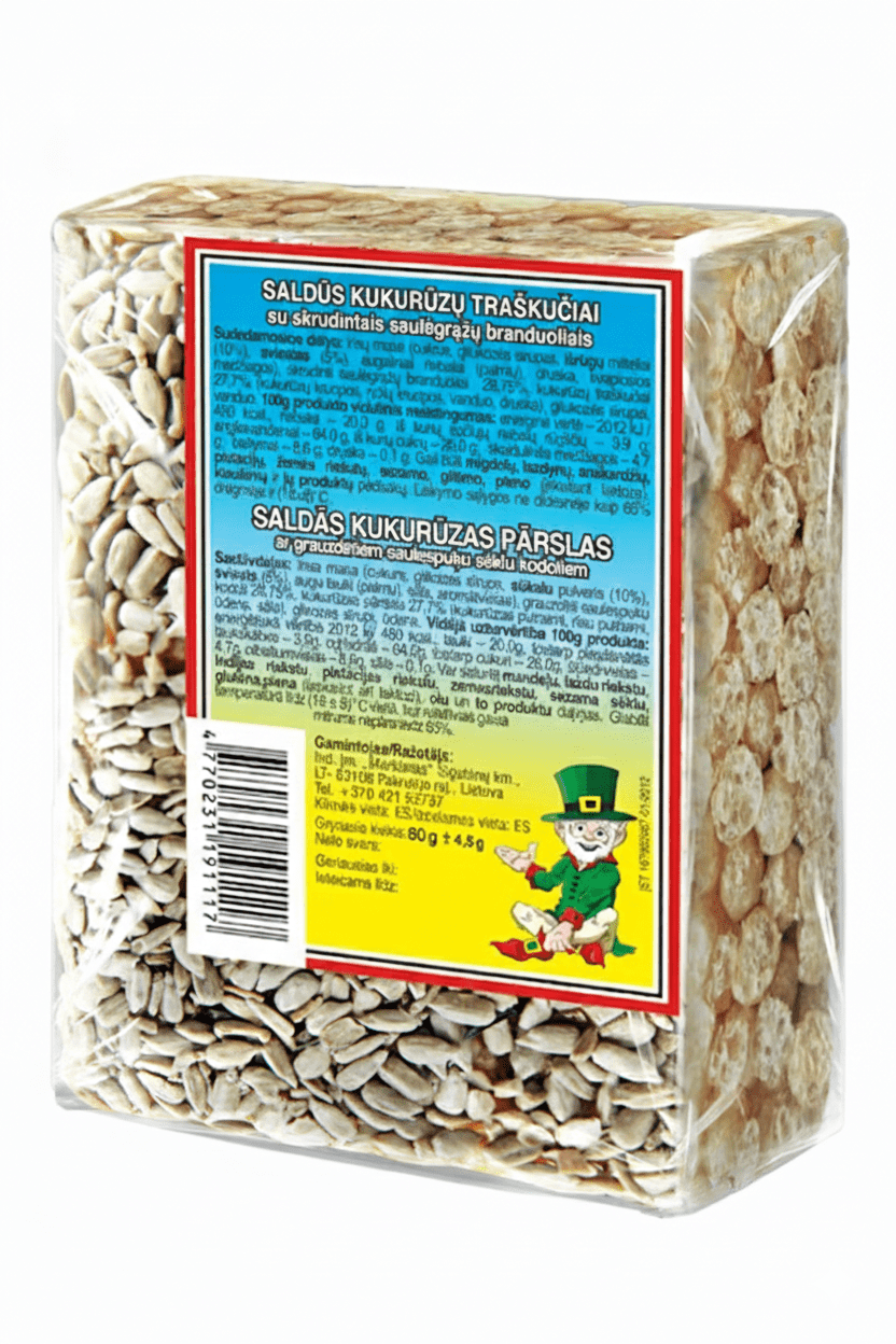 Süßes Mais-Stück mit Sonnenblumenkernen „Kukurūzai“ in transparenter Verpackung