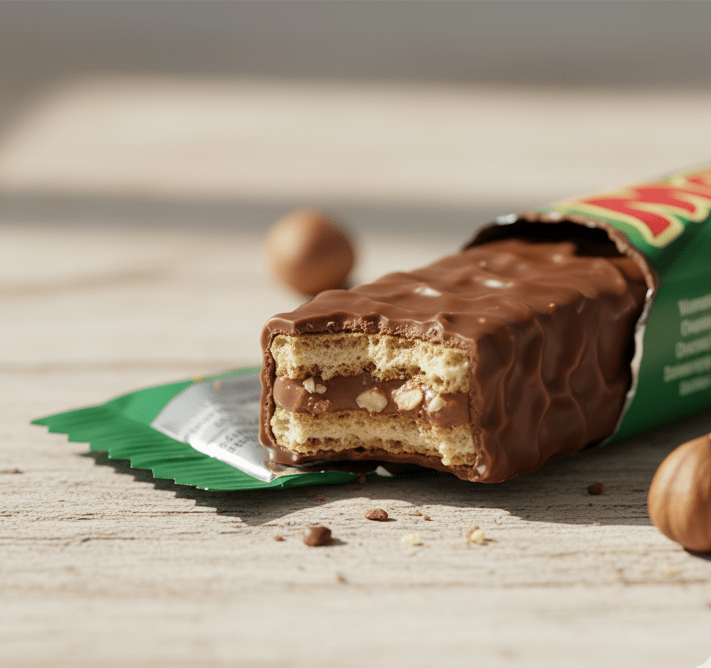 Aufgeschnittener Manija Erdnussriegel – Schokoriegel mit Erdnussfüllung aus Litauen
