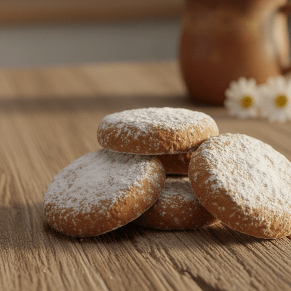 Runde Gebäckstücke mit Zucker bestäubt – Detailansicht auf Holzoberfläche