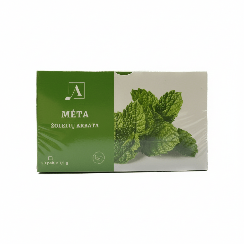 Minztee in grüner Verpackung mit frischen Minzblättern – Kräutertee aus Litauen