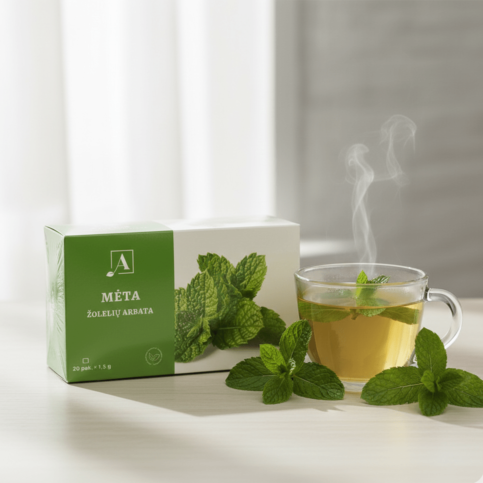Minztee im Glas mit Minzblättern – Kräutertee als Serviervorschlag