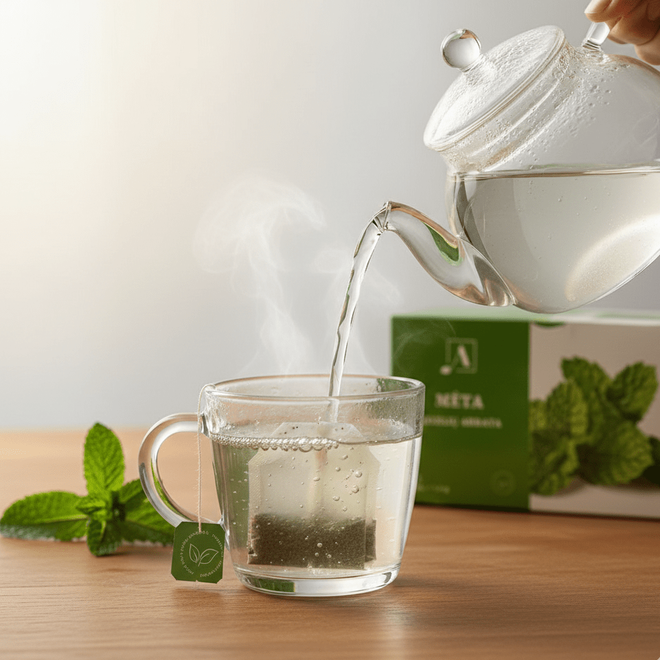 Minztee wird aufgegossen – Kräutertee mit frischen Minzblättern als Zubereitungsszene