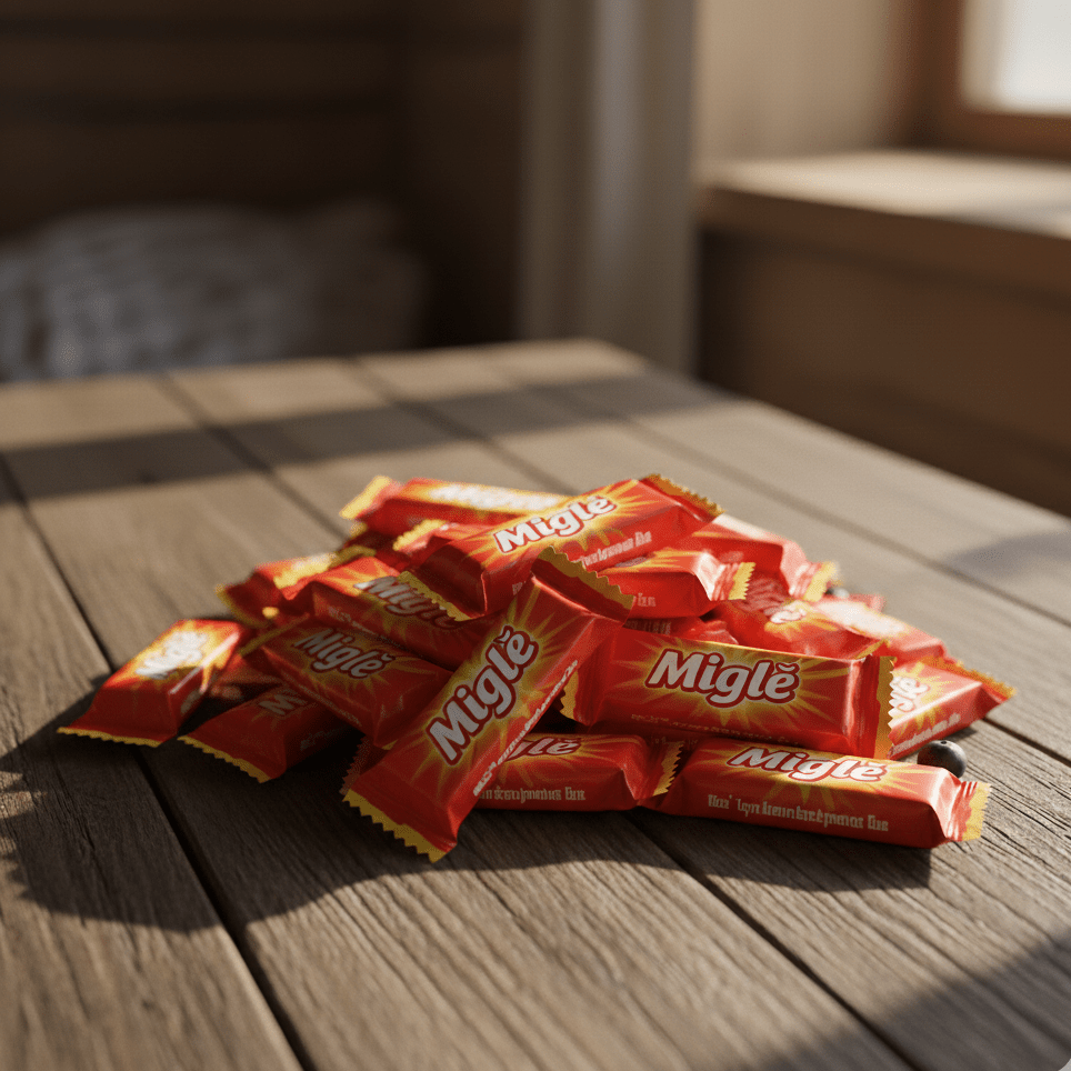 Miglé Schokoriegel aus Litauen gestapelt – einzeln verpackte Süßigkeiten