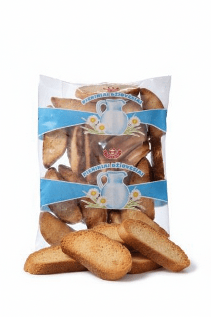 Milchzwieback aus Litauen „Pieniniai Džiūvėsiai“ in transparenter Verpackung