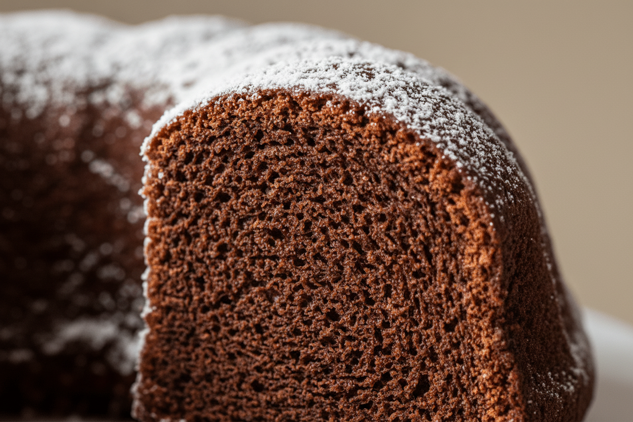 Aufgeschnittener Schokoladenkuchen in Gugelhupfform – Detailansicht der Textur