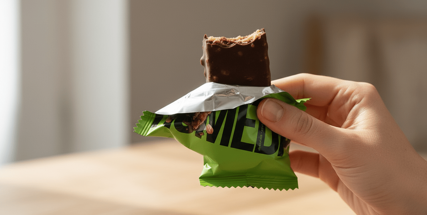 NOMEDA Schokoriegel aus Litauen als Detailansicht – Stück dunkle Schokolade in der Hand