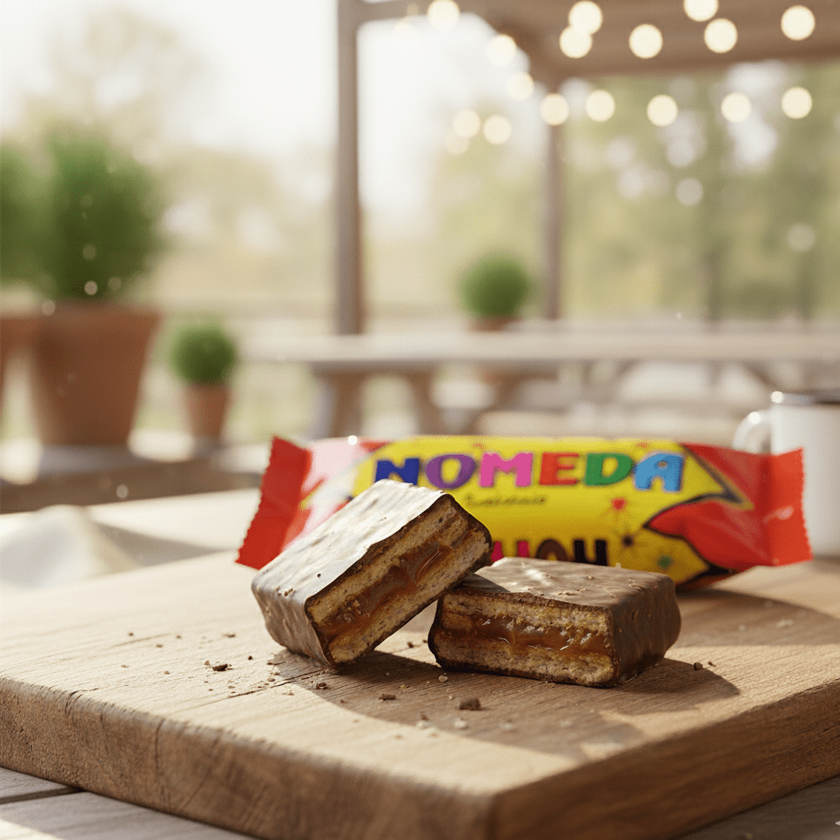 Litauische Süßigkeiten in Einzelverpackung auf Holzbrett – Serviervorschlag