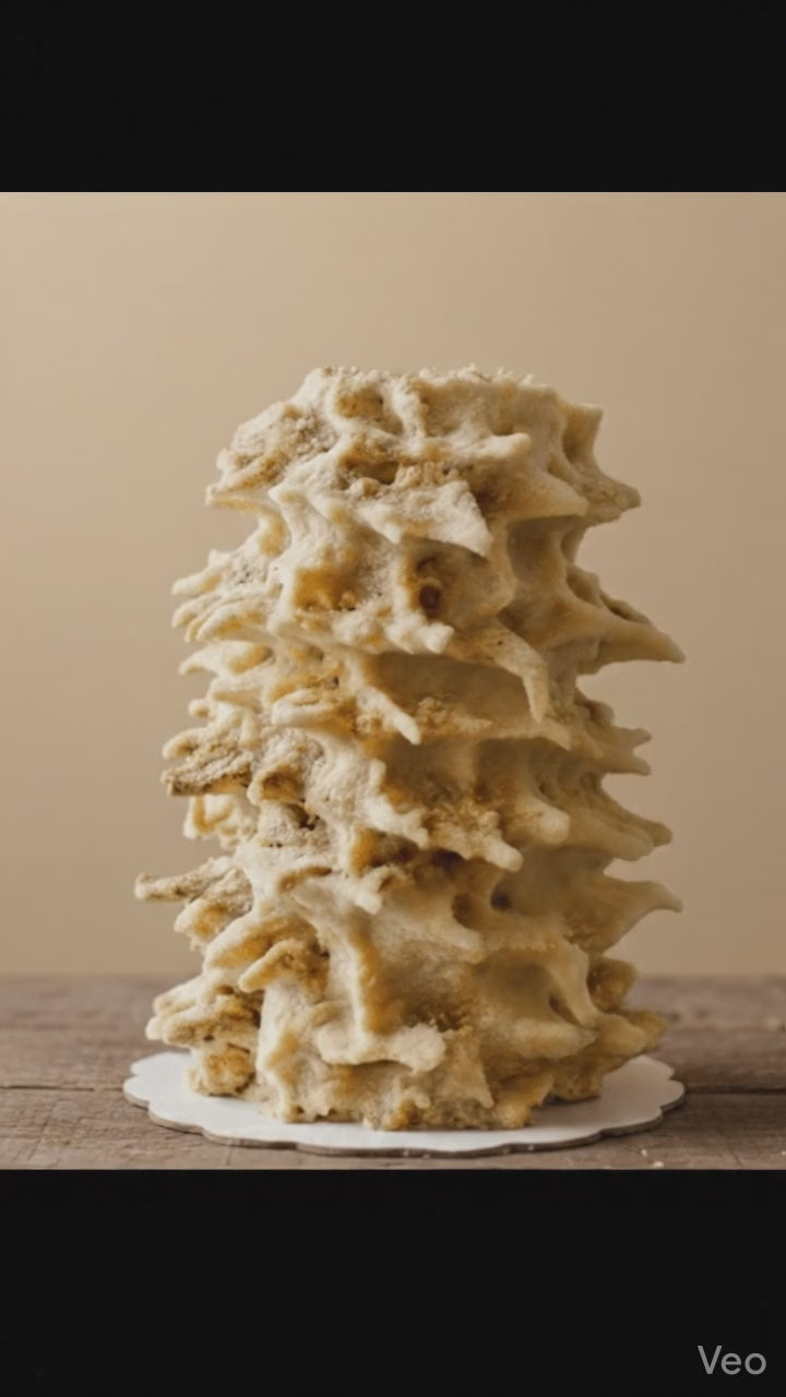 Litauischer Baumkuchen Šakotis: 360-Grad-Ansicht der traditionellen Zacken auf Holztisch