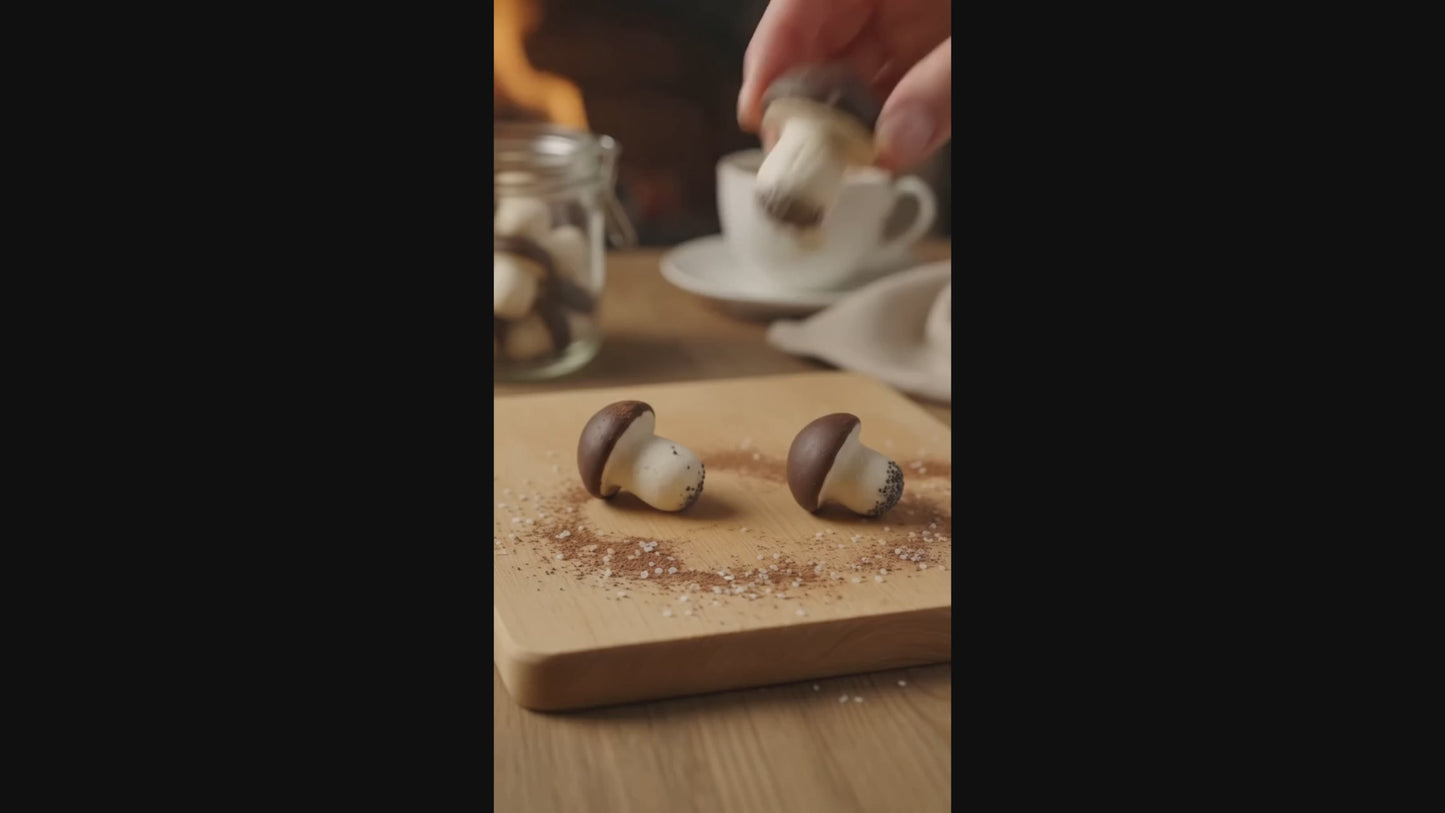 Detailliertes Produktvideo von traditionellen litauischen Schokoladen-Pilzen (Grybukai). Die Kekse liegen angerichtet auf einem rustikalen Holzbrett, fein bestreut mit dunklem Kakaopulver und weißen Zuckerstreuseln im Baltuna Onlineshop.