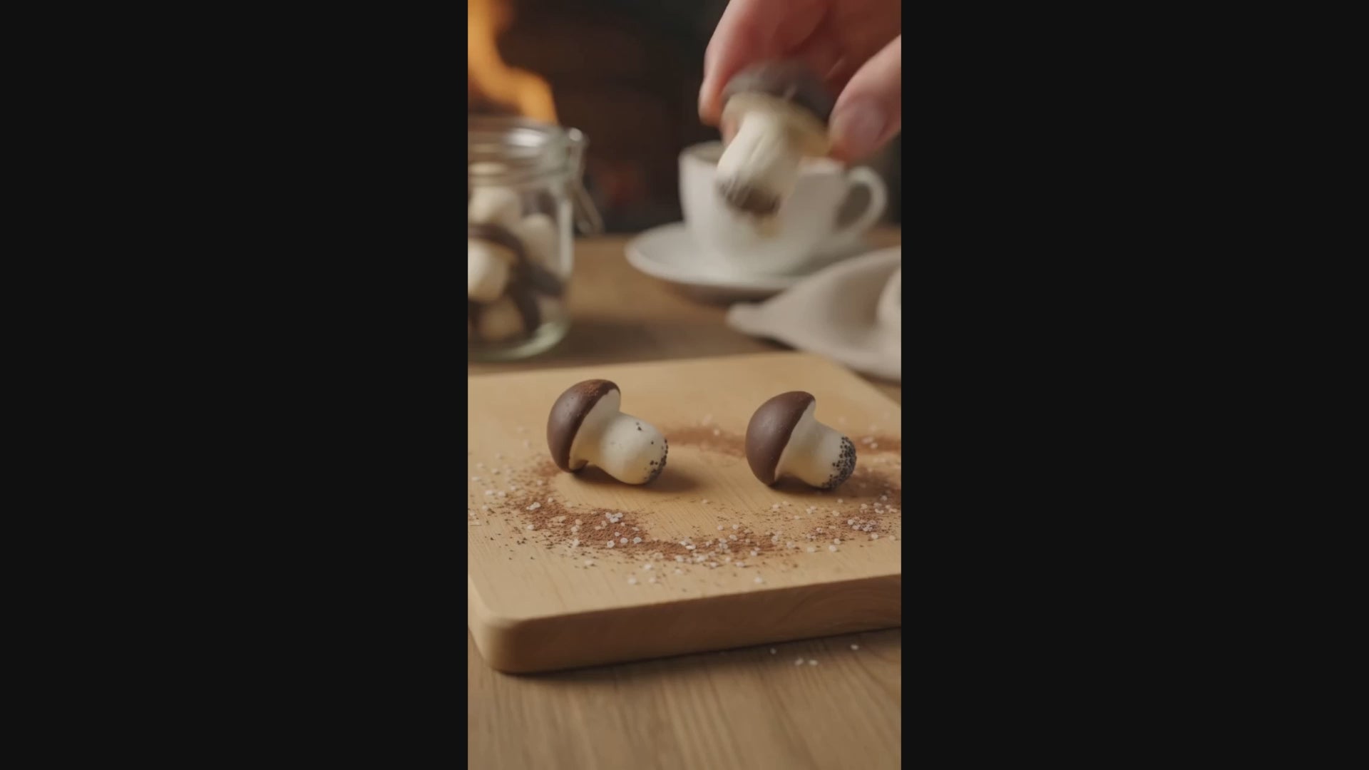 Detailliertes Produktvideo von traditionellen litauischen Schokoladen-Pilzen (Grybukai). Die Kekse liegen angerichtet auf einem rustikalen Holzbrett, fein bestreut mit dunklem Kakaopulver und weißen Zuckerstreuseln im Baltuna Onlineshop.