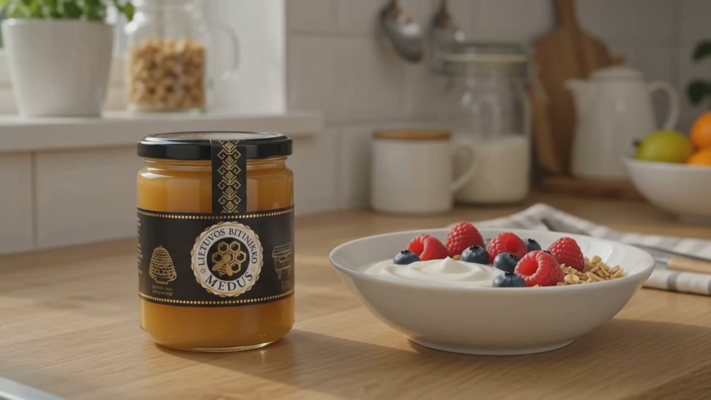 Cinematic 16:9 Produktvideo von originalem Honig aus Litauen (Lietuvos bitininko medus). Die Kamera gleitet in einer edlen Nahaufnahme an dem Premium-Honigglas vorbei und zeigt die goldene, dickflüssige Textur der baltischen Spezialität im Baltuna Onlineshop.