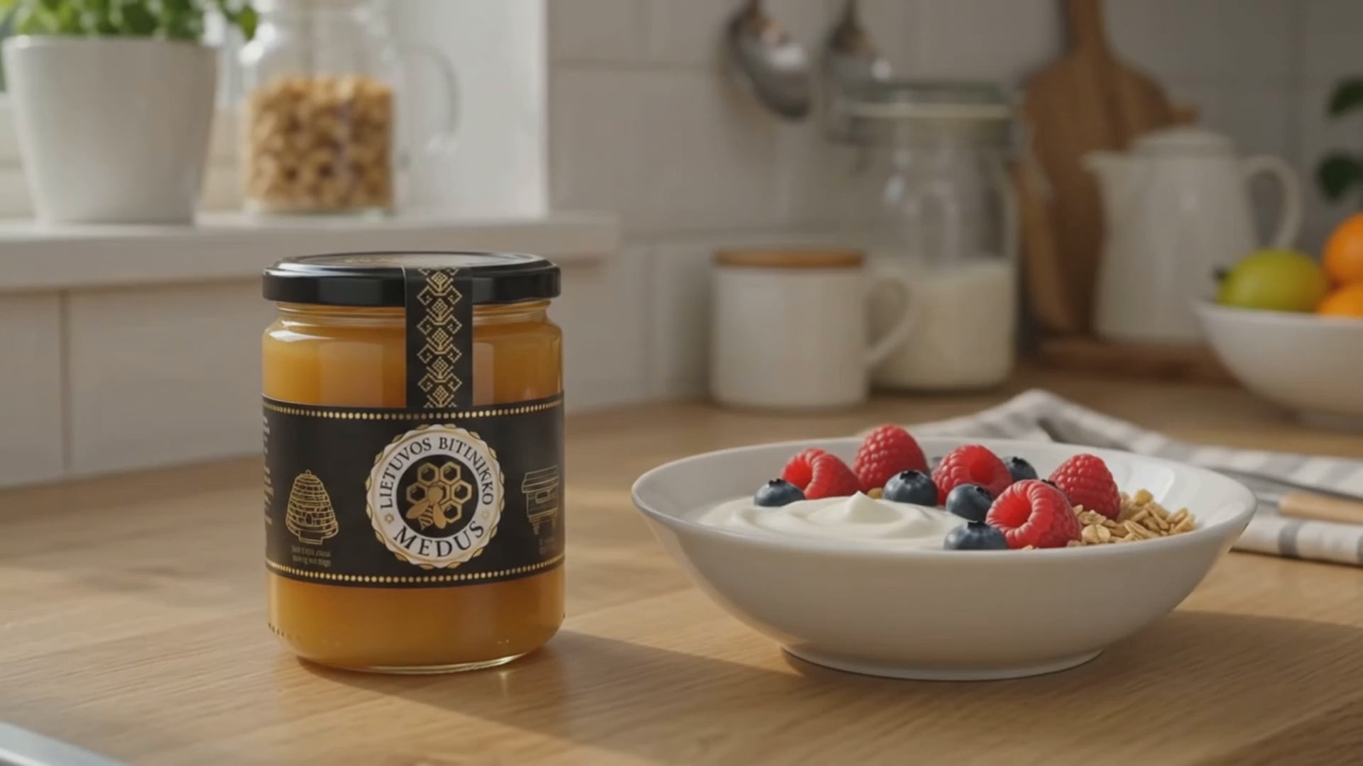 Cinematic 16:9 Produktvideo von originalem Honig aus Litauen (Lietuvos bitininko medus). Die Kamera gleitet in einer edlen Nahaufnahme an dem Premium-Honigglas vorbei und zeigt die goldene, dickflüssige Textur der baltischen Spezialität im Baltuna Onlineshop.