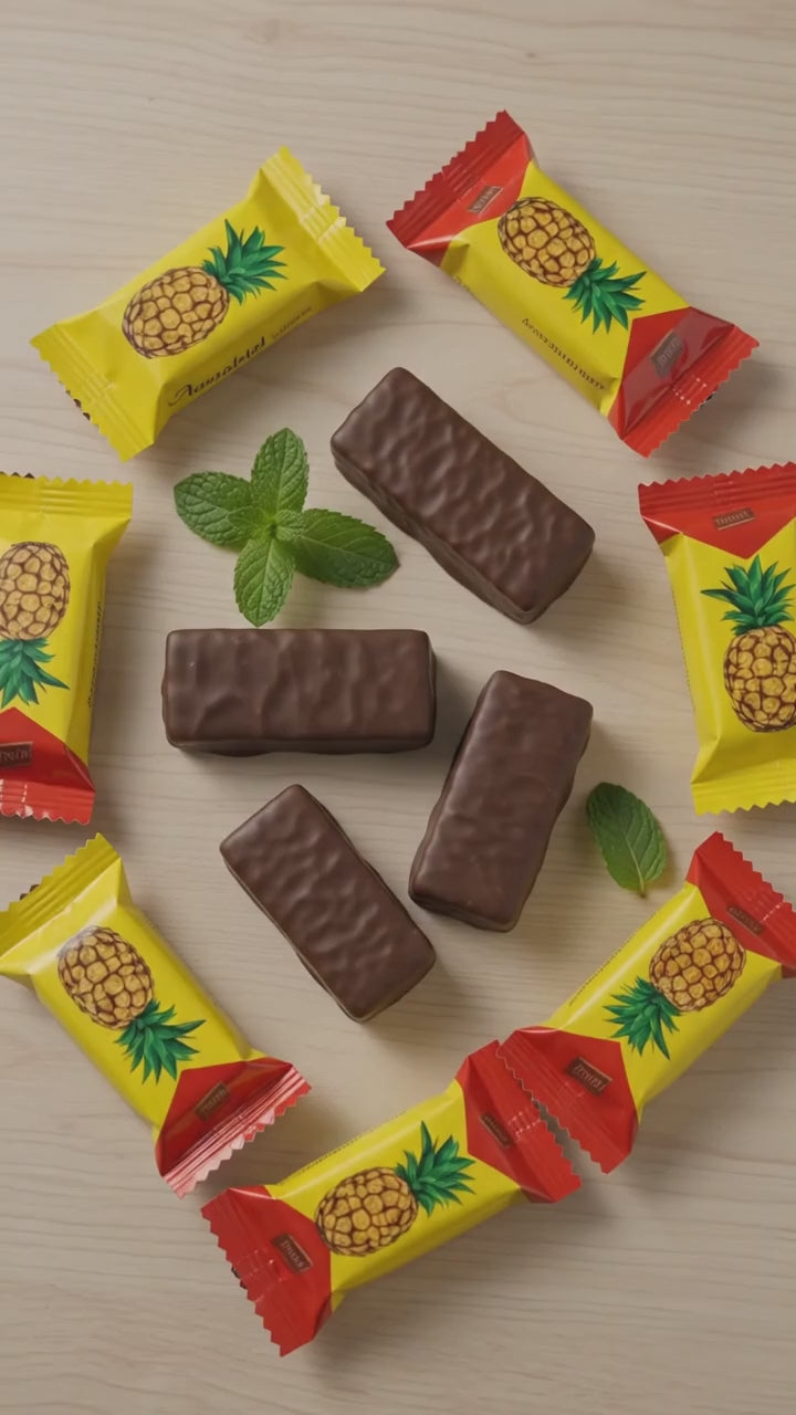 Cinematic 9:16 Produktvideo von traditionellen litauischen Schoko-Ananas-Süßigkeiten (Ananasiniai). Die Kamera gleitet ruhig über die angerichteten Schokoladenpralinen und die typische, leuchtend gelbe Verpackung, um die feine Schokoladentextur der Spezialität zu präsentieren.