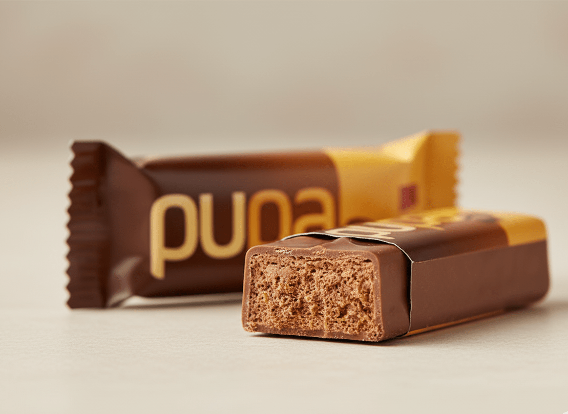 Aufgeschnittener Pupa Schokoriegel – weiche Füllung und Schokolade aus Litauen