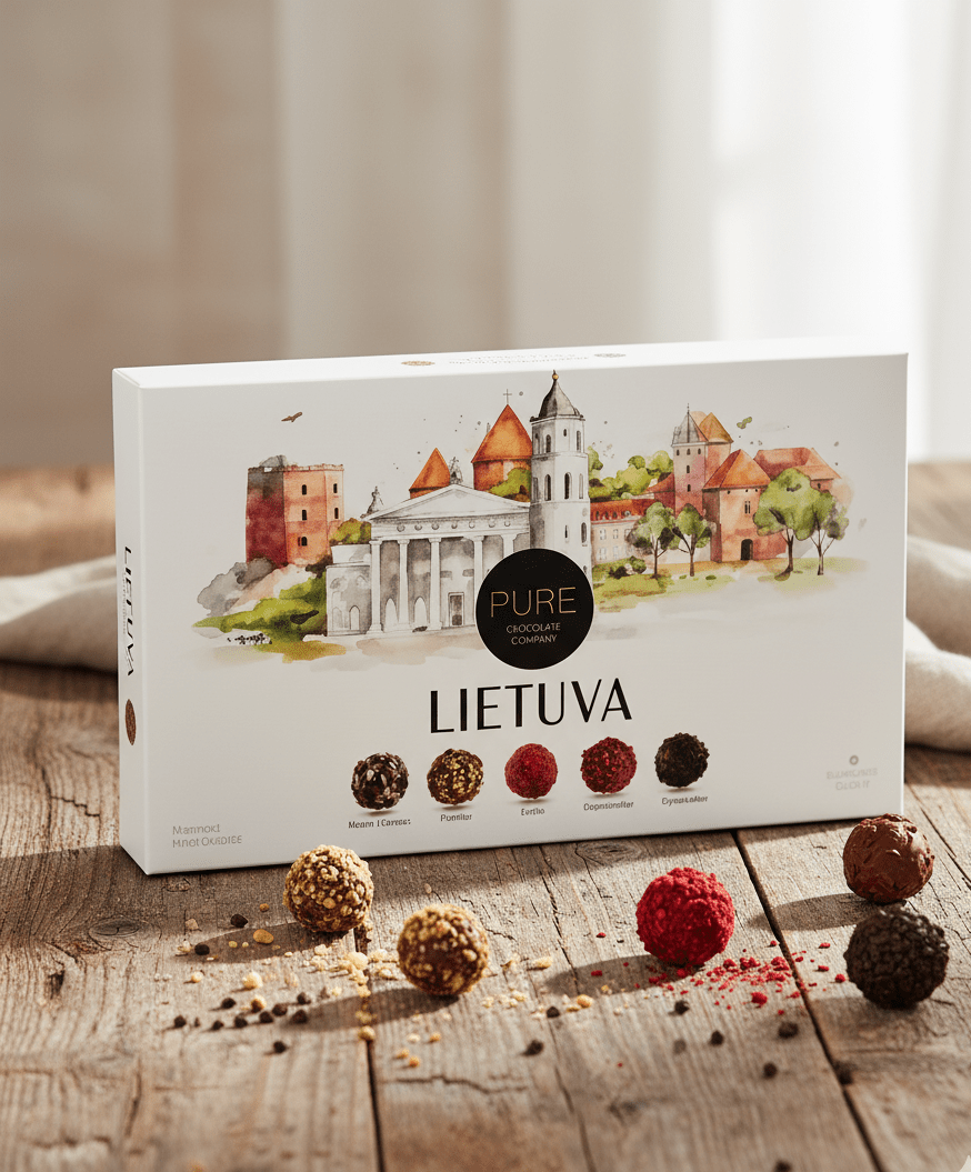 Geöffnete Pralinenbox „Lietuva“ – litauische Schokoladenspezialitäten als Serviervorschlag
