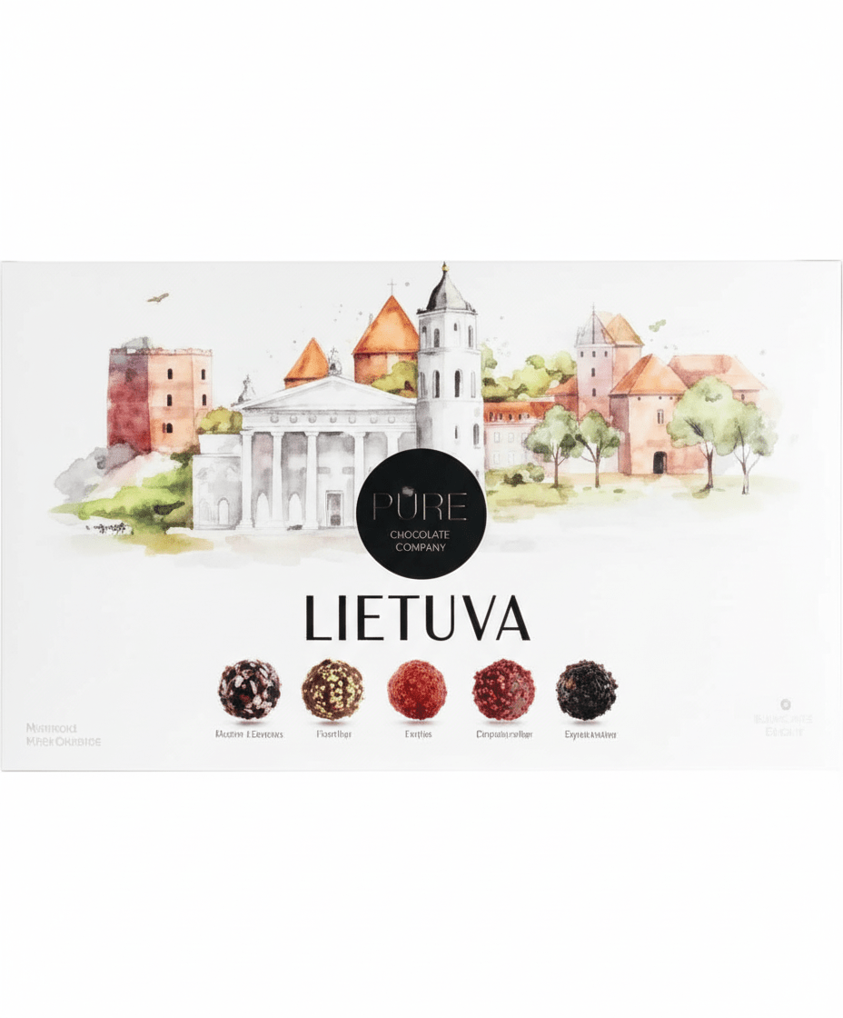 Litauische Pralinenbox „Lietuva“ mit Städteillustration – Schokoladenspezialitäten aus Litauen