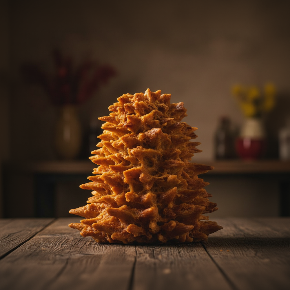 Traditioneller litauischer Šakotis Baumkuchen auf rustikalem Holztisch, warm beleuchtet, als authentische baltische Spezialität.