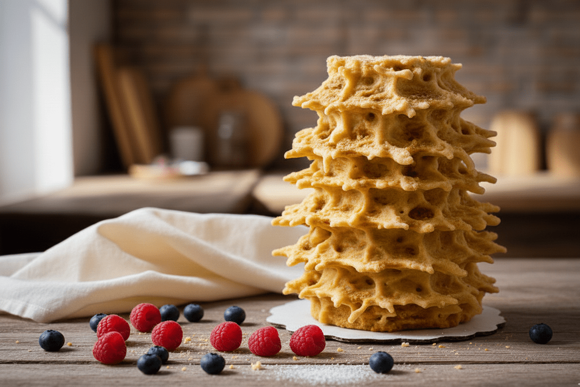 Litauischer Baumkuchen Šakotis auf Tisch – traditioneller Kuchen als Serviervorschlag