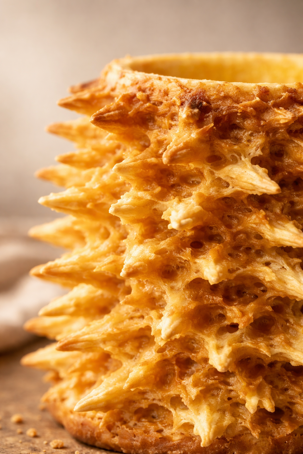Nahaufnahme der goldbraun gebackenen, knusprigen Schichten und Zacken eines Šakotis, die die feine Textur des Gebäcks zeigen.